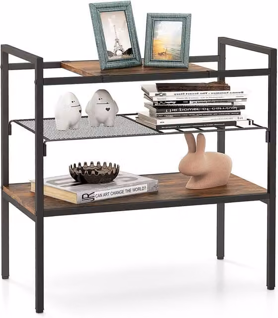 COSTWAY 3-Tier Industrial Mesh Entryway Table in Brown with Wood and Metal Construction