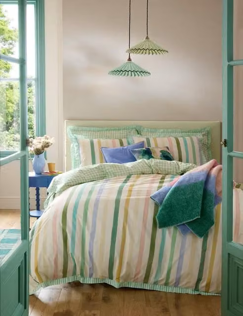Bluebellgray Reversible Multicolour Sunday Stripe Cotton Percale Bedding Set, W: 140 cm, L: 200 cm