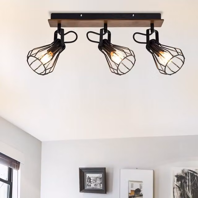 COSYLYTE Kendan 3 Light Spotlight with Wooden Backplate in Black and Wood