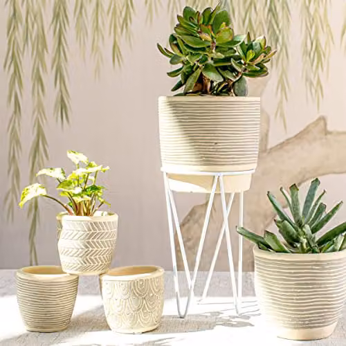 Sass & Belle Grey and White Striped Concrete Tabletop Planter with Metal Wire Stand, W/D/H: 14.0 x 14.0 x 30.0 cm – 2