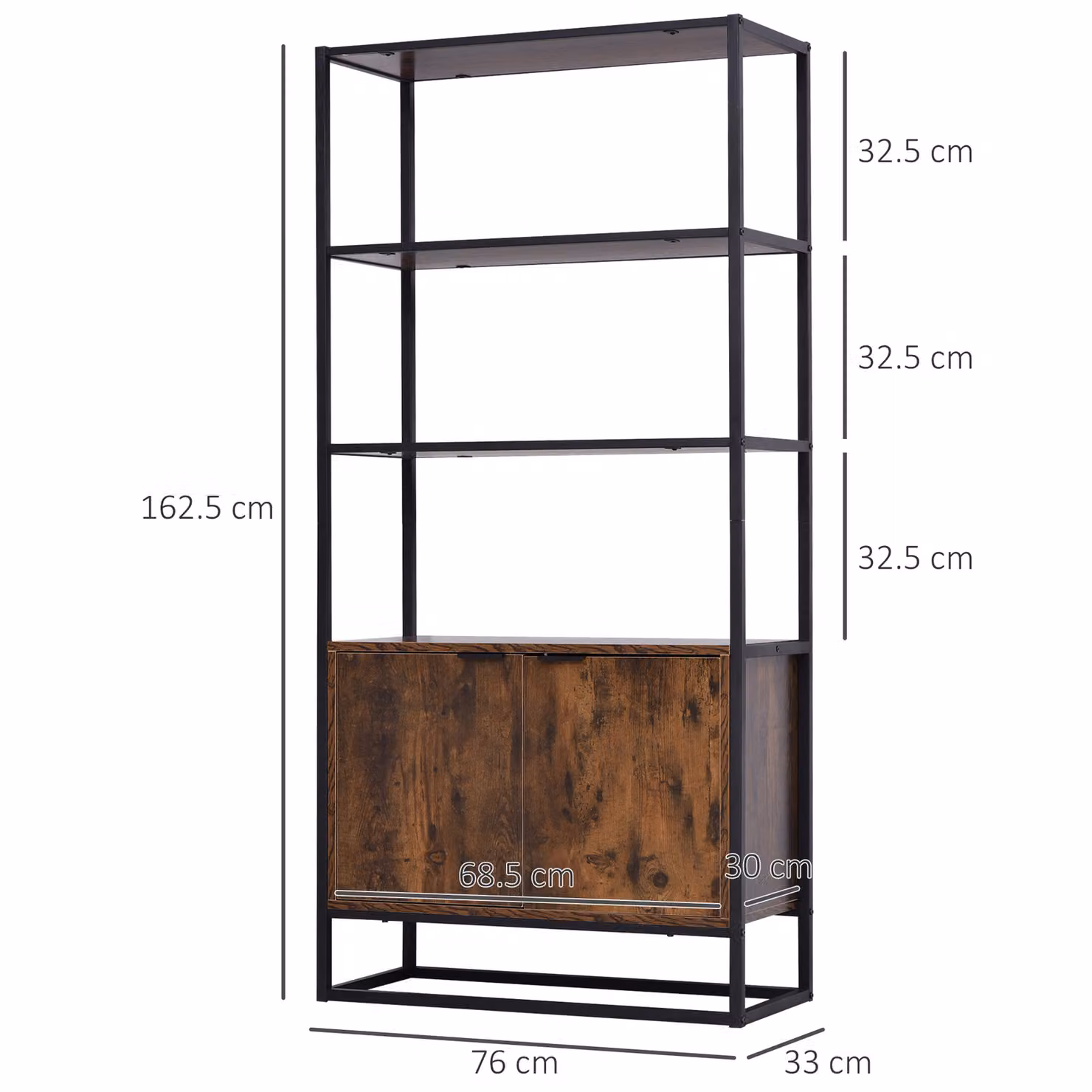 HOMCOM Industrial Freestanding Storage Cabinet with 3 Open Shelves and Hinged Doors in Brown and Black – 3