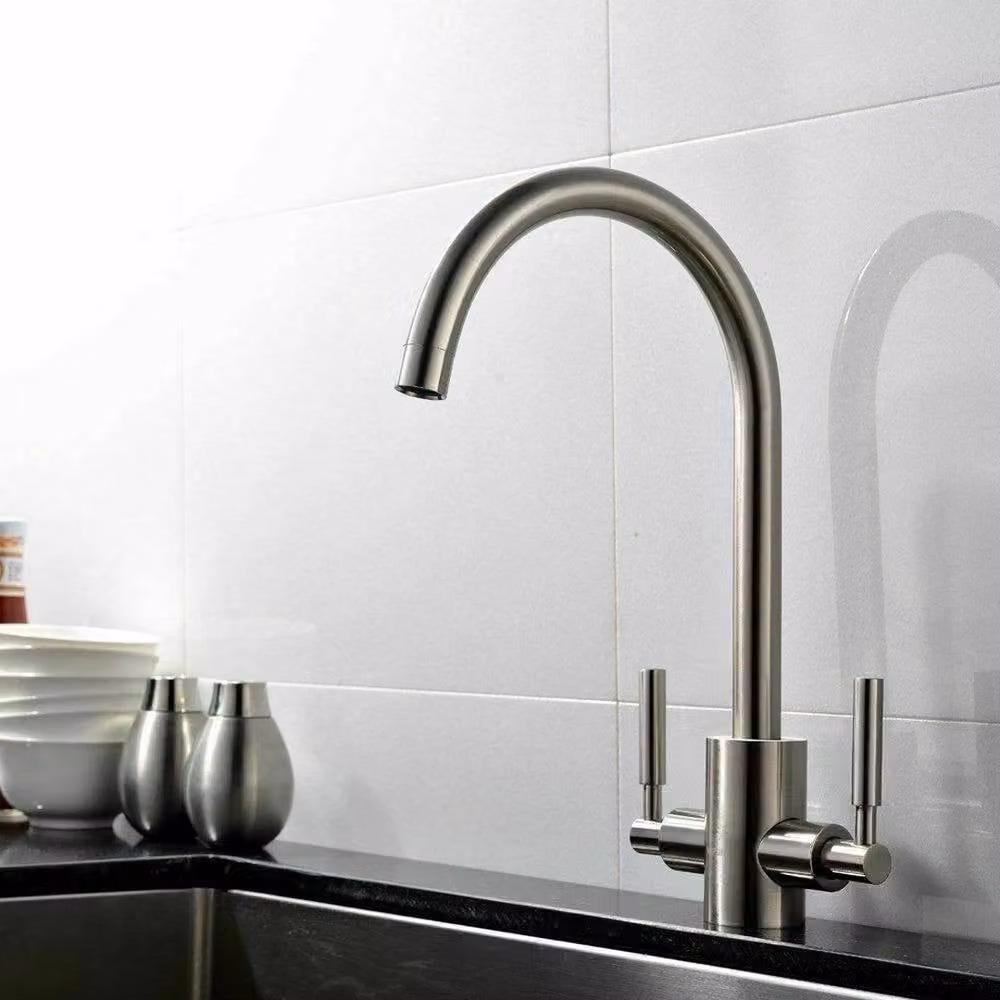 VOGREX Raldo Ark Modern Mono Kitchen Sink Mixer Tap with Twin Lever in Brushed Silver – 2