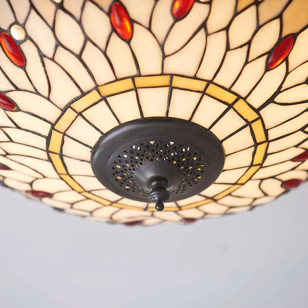 Loops Tiffany Glass Semi Flush Ceiling Light with Dragonfly Round Inverted Shade in Clear and Bronze – 2