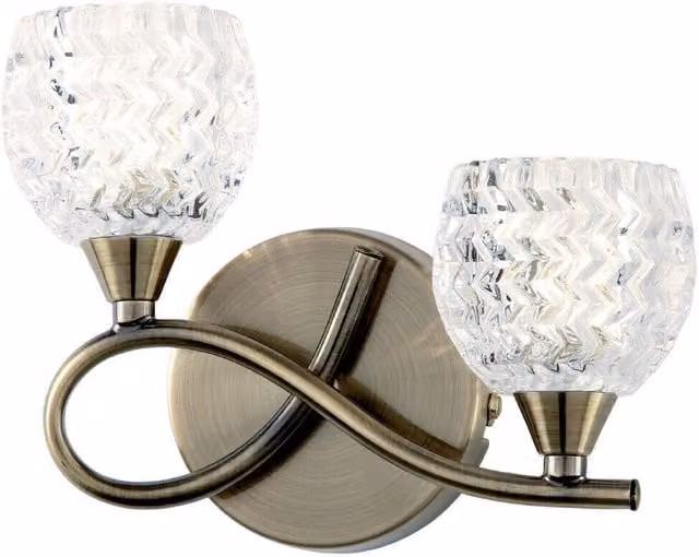 Loops LED Twin Wall Light with Twist Arm in Antique Brass and Clear Glass Pattern, Dimmable – 1