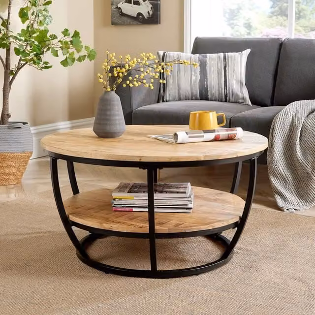 Home Source Cage Style Round Coffee Table with Mango Wood Top and Black Iron Frame