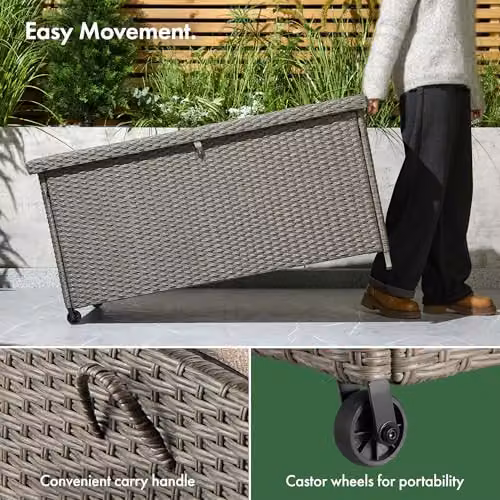 VonHaus Bali Grey Rattan Garden Storage Box, 290L Weatherproof Outdoor Container with Lockable Lid and Waterproof Liner – 6