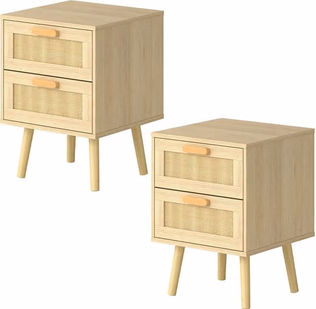 Levede Set of 2 Natural Bamboo and Rattan Bedside Tables with Drawers