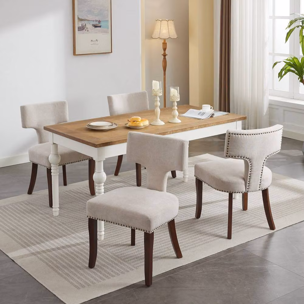 HomeTouch Set of 4 Beige Linen Fabric Upholstered Dining Chairs – 2
