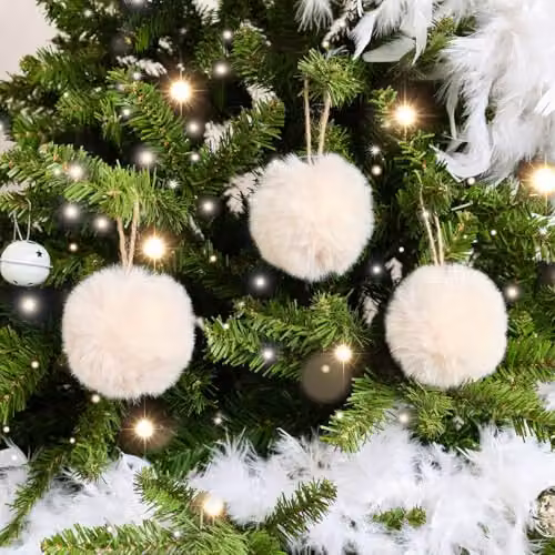 Melody Maison Set of 3 Cream Faux Fur Christmas Baubles, Diameter: 7.5 cm – 1