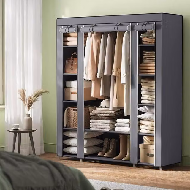 The Bazaarist Portable Fabric Wardrobe with Hanging Rail, Grey, H 175.0 x W 150.0 cm – 1