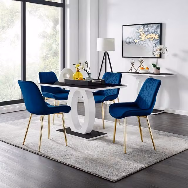 FurnitureboxUK Giovani Black Glass Dining Table and Four Blue Velvet Pesaro Gold Leg Chairs Set