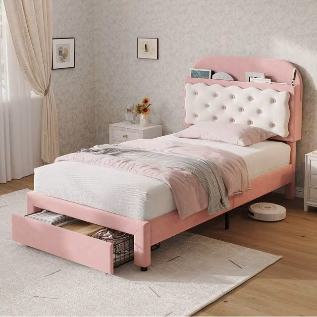 BTM Single Velvet Upholstered Bed Frame with Storage Drawers and Headboard, Pink