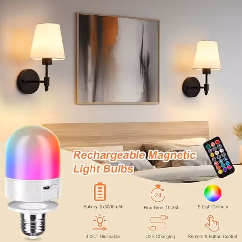 Harper Living Set of 2 Black Fabric and Metal Battery Operated Wall Lights with Remote Control and Rechargeable Bulbs – 2