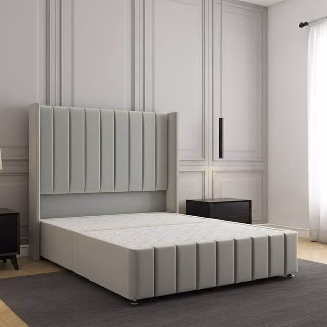 Regional Furnishings Super King Upholstered Velvet Divan Bed with 54 inch Headboard and 12 inch Footboard in Silver, W/D/H: 200 x 150 x 137 cm