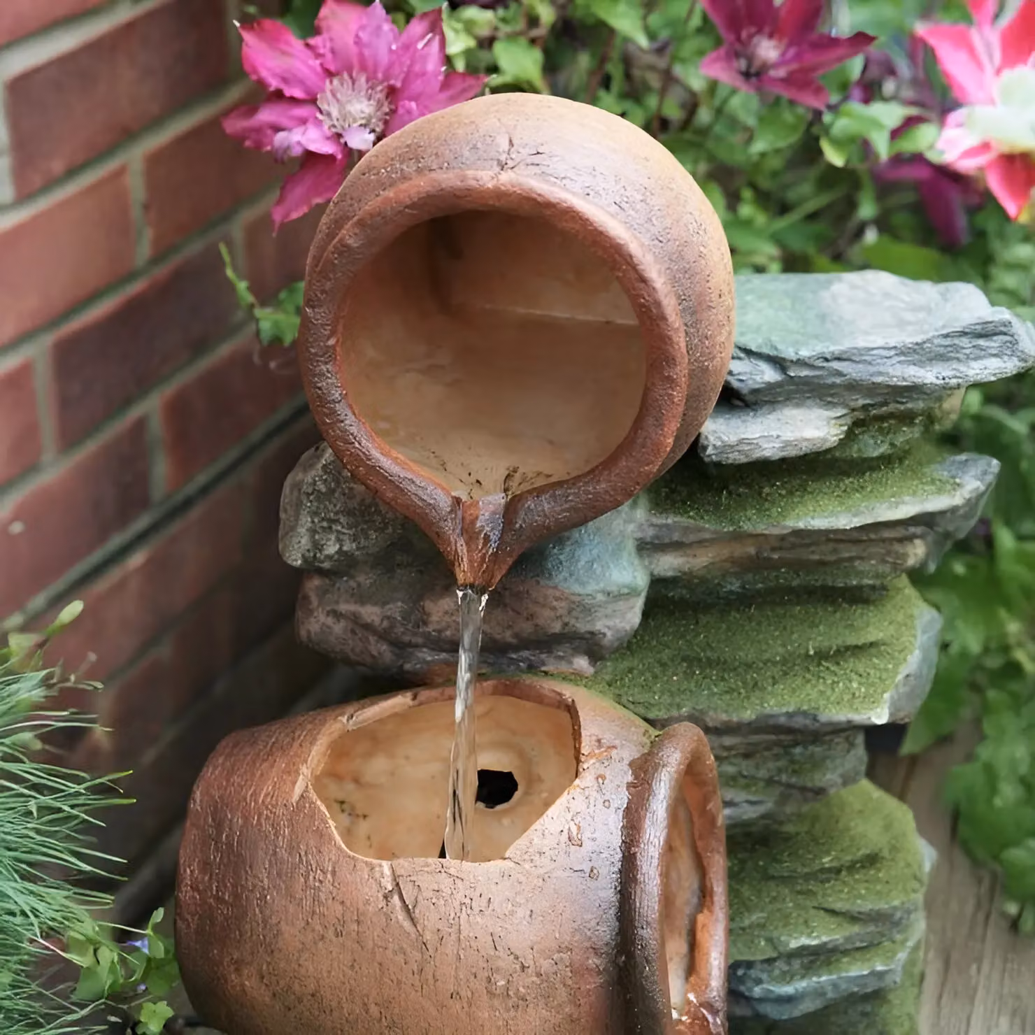 Primrose Honey Pots Barrel Cascading Water Feature with Lights, Stone Effect, Brown, Height: 68 cm – 2