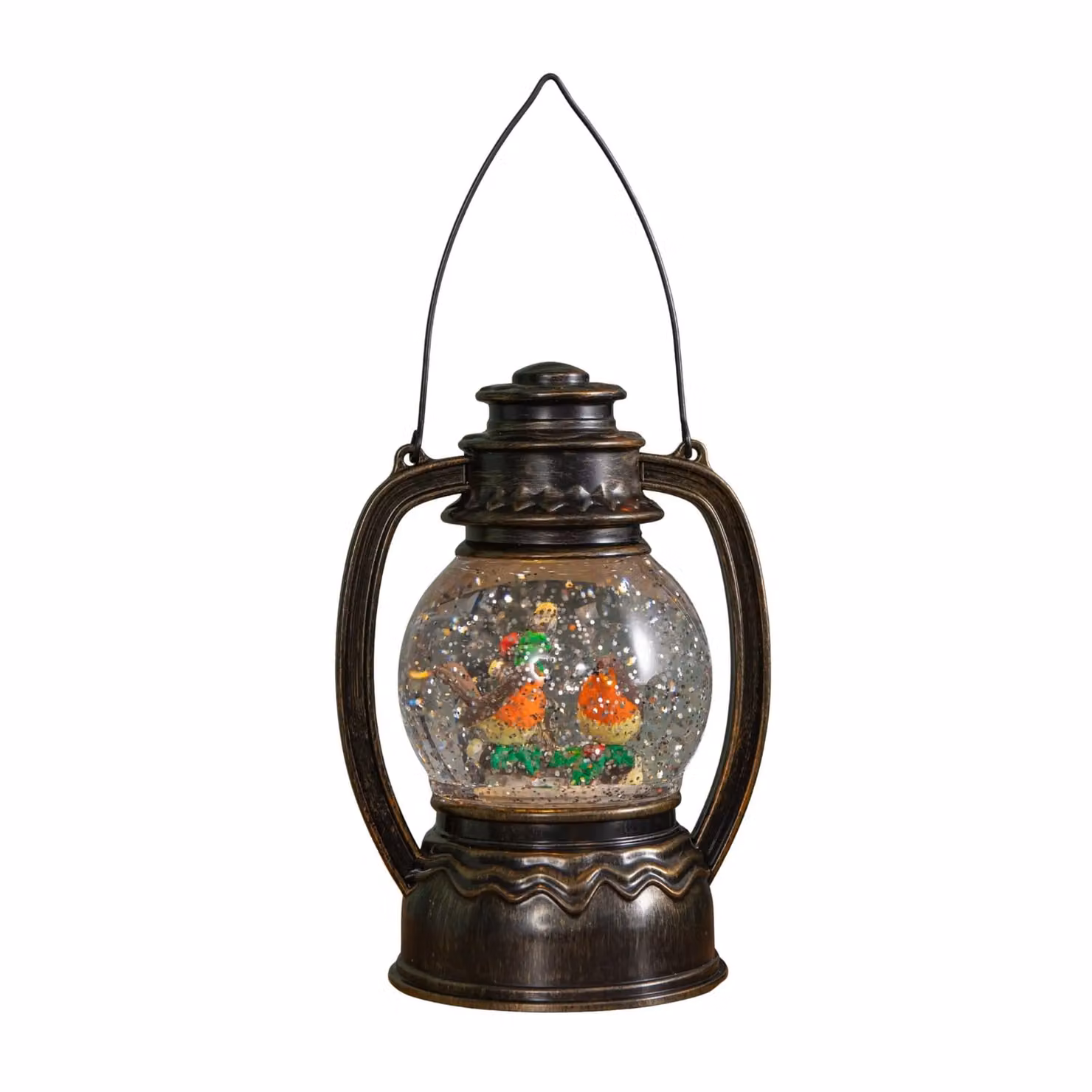 Samuel Alexander Antique Brown Christmas Water Spinner Lantern with Robin Scene and LED Light, 31 cm – 2