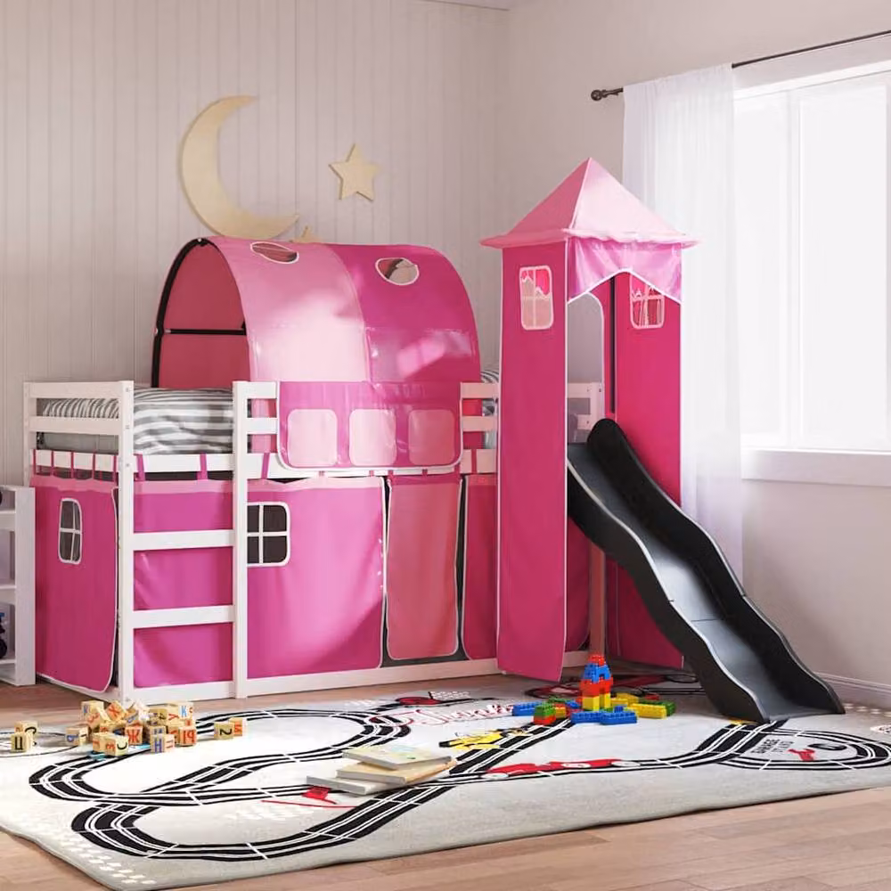 Berkfield Home Elegant Bunk Bed with Slide and Curtains in Pink, Solid Pine Wood, W/D/H: 90 x 200 cm – 2