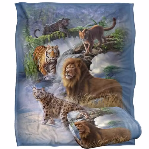 JQ Licensing Big Cats Lion Tiger Leopard Cougar Super Soft Microfibre Throw Blanket, White, W/D/H: 152 x 127 cm – 1