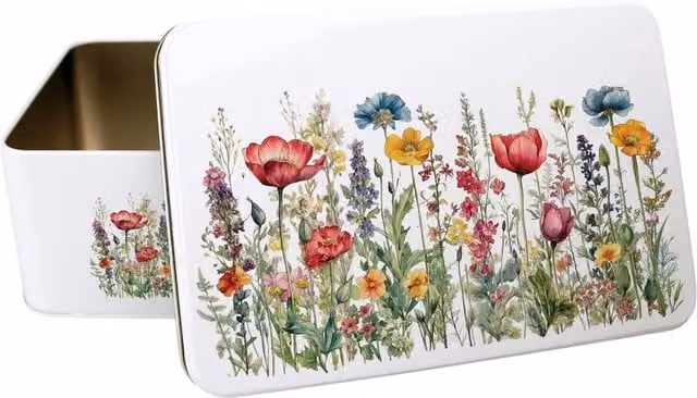 Purely Home Floral Wildflowers Metal Storage Tin, Multicoloured and White