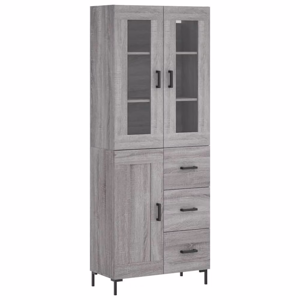 Berkfield Home Grey Sonoma Highboard with Glass Doors and Drawers, W/D/H: 69.5 x 34 x 180 cm – 2