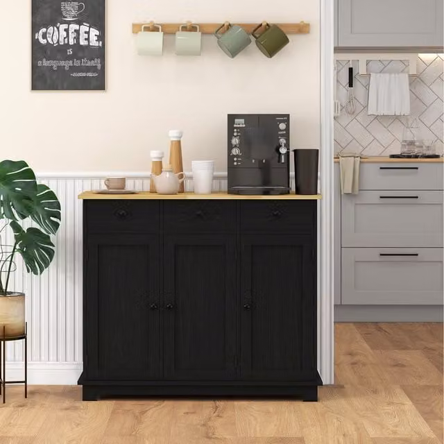 HOMCOM Black Wood-Effect Rubberwood Top Sideboard and Buffet Cabinet with Storage Cabinets