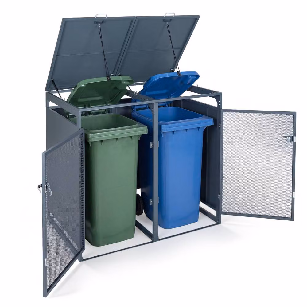 Costway Metal Trash Can Storage Shed for 2 Bins in Grey – 3