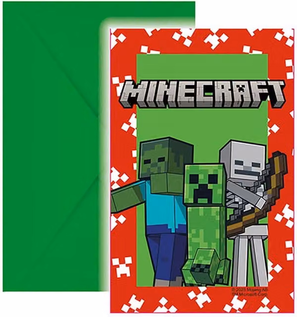 Pack of 6 Green Minecraft Paper Invitations and Envelopes