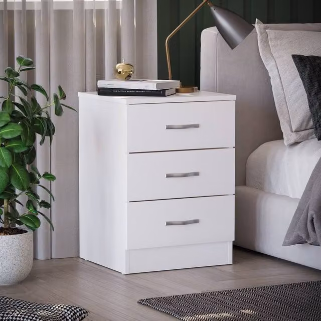 HD Designs Riano 3 Drawer Bedside Cabinet Chest of Drawers in White