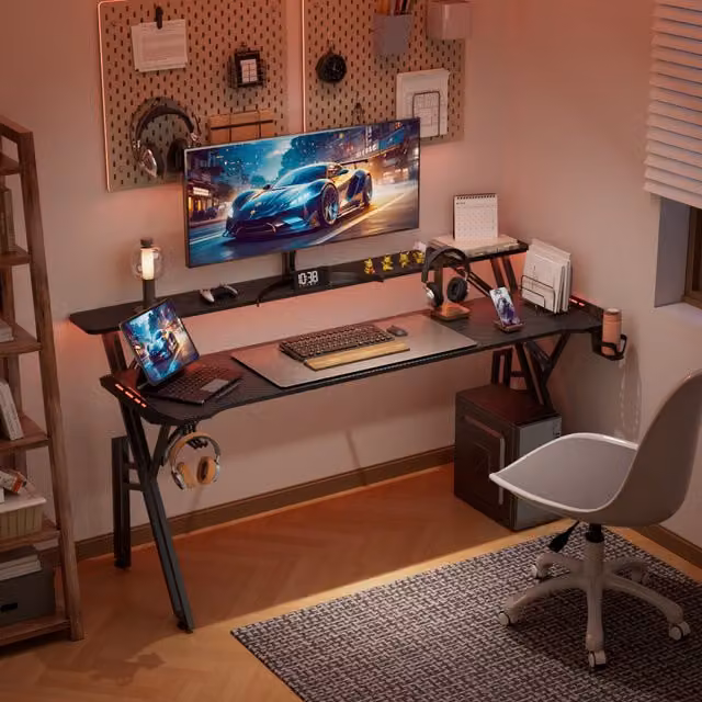 Livingandhome Modern Black Gaming Desk with X-Frame Design and Composite Top