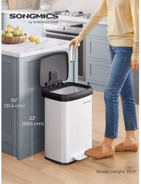 SONGMICS 50L Metal Pedal Kitchen Bin with Soft Close Lid and Odour Filter, White and Black, W: 38.0 cm, D: 38.0 cm, H: 58.5 cm