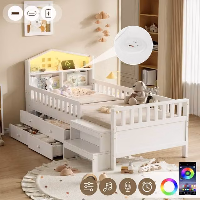 ModernLuxe Single Solid Wood Bed Frame in White with LED Lights, USB Charging Port and Storage Drawers, W/D/H: 90 x 190 x 117 cm