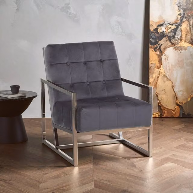 Orsina Grey Velvet Armchair with Button Tufting and Metal Frame, H 75 x W 60 x D 60 cm – 1