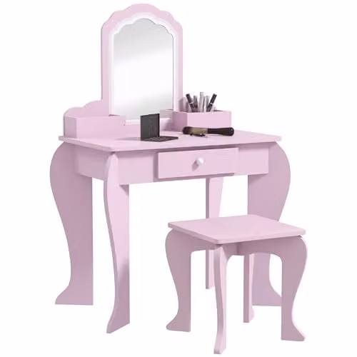 ZONEKIZ Kids Dressing Table with Mirror and Stool, Pink, W/D/H: 86.0 x 36.0 x 36.0 cm
