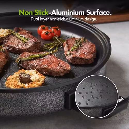 VonShef 6L Electric Frying Pan with Glass Lid, Black, 42cm Diameter, 1500W – 4