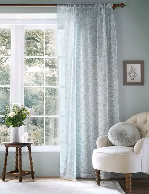 Laura Ashley Shepherds Purse Sheer Voile Floral Curtains, Blue, H: 137 cm, W: 135 cm