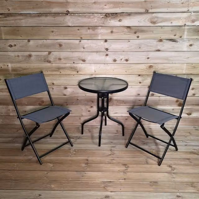 Samuel Alexander 3-Piece Outdoor Bistro Set with Round Glass Table and Two Folding Chairs in Grey