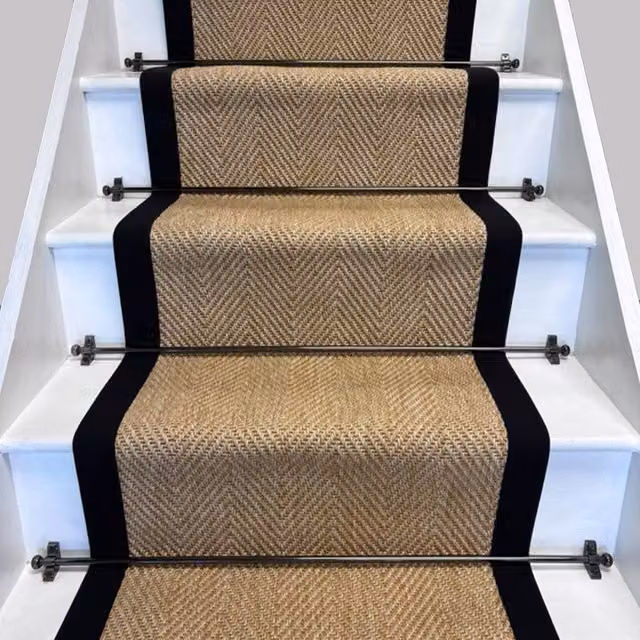 RainbowHome Herringbone New England Beige Stair Runner with Black Cotton Border, W: 50 cm, L: 700 cm