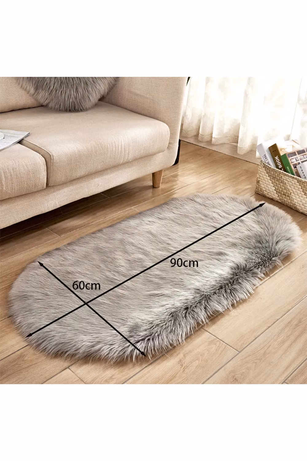 Living and Home Grey Faux Fur Soft Shag Oval Rug, W: 90 cm, D: 60 cm – 4