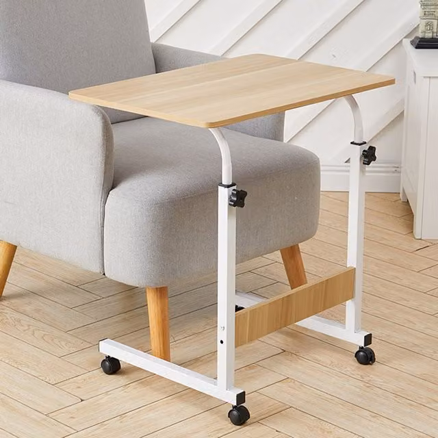Living and Home Height Adjustable Mobile Overbed Desk with Wheels in Beige