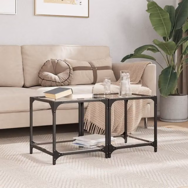 Berkfield Home Set of 2 Modern Square Coffee Tables with Transparent Glass Tops and Brown Steel Frames, W/D/H: 40 x 40 x 40 cm – 1