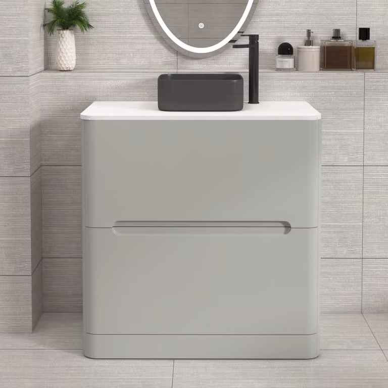 Royal Bathrooms Venice 800mm Floor Standing Vanity Unit in Dove Grey with 2 Drawers, Plain White Worktop and Art Square Basin