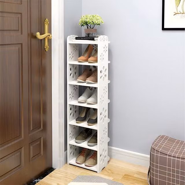 Garden Sanctuary White Plastic Open Shoe Rack with Floral Plum Blossom Pattern, Width: 96 cm