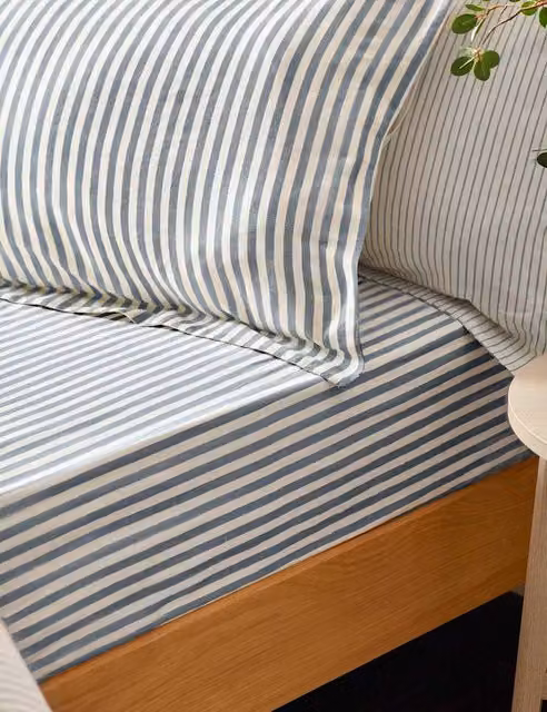 YARD Blue Striped Pure Cotton Breathable Fitted Sheet W/D/H: 140 x 200 cm