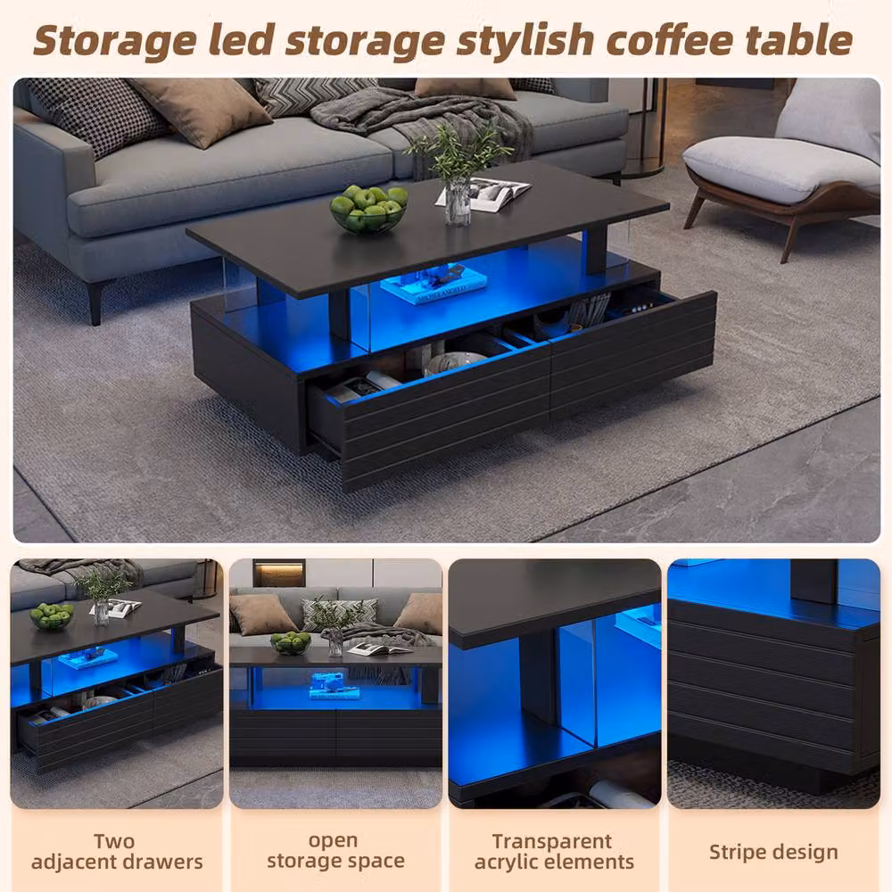 Rolipo Modern Black LED Coffee Table with 2 Drawers and Storage – 2