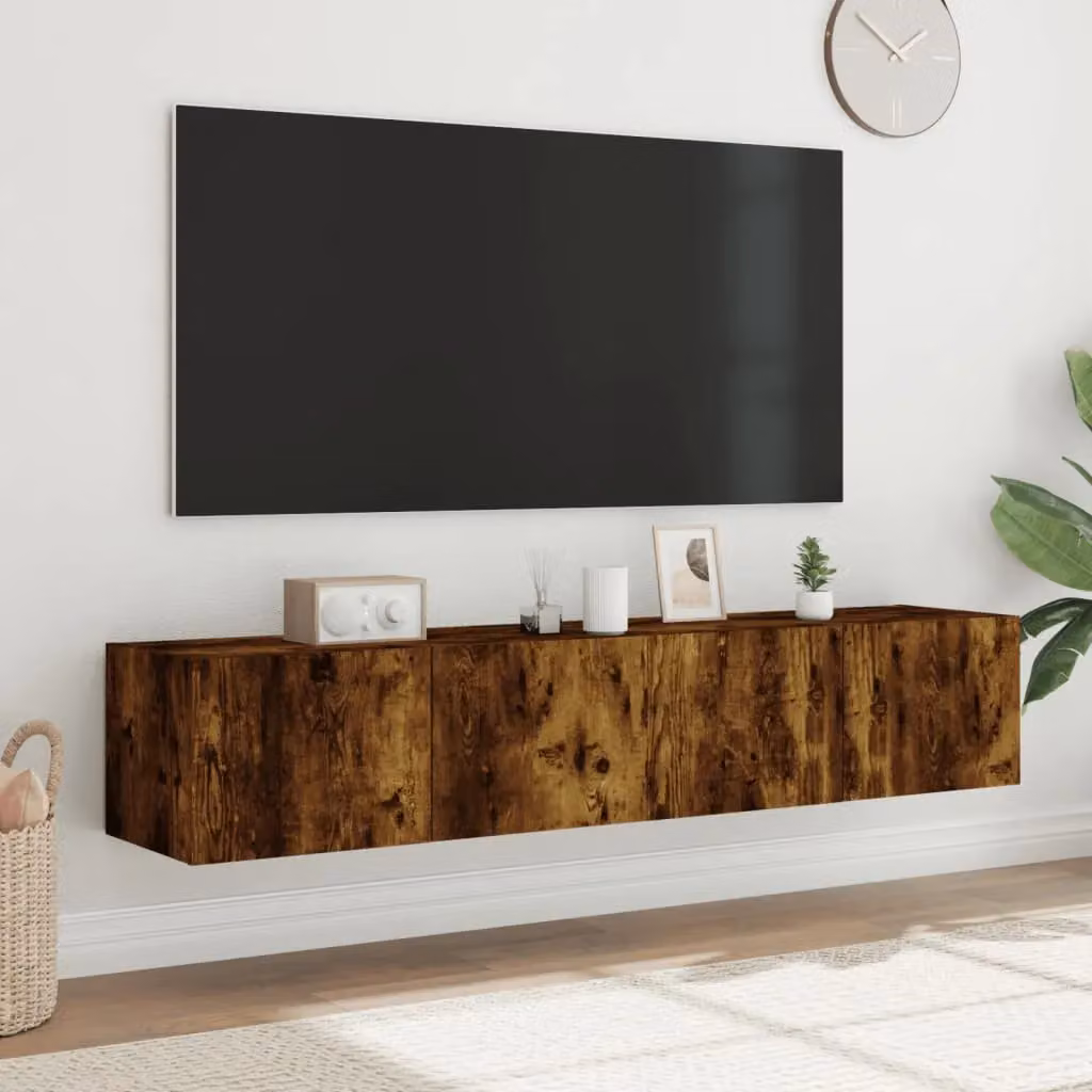 Berkfield Home Set of 2 Modern Wall Mounted TV Cabinets with Integrated LED Lights in Smoked Oak Brown, W/D/H: 80 x 35 x 31 cm – 3