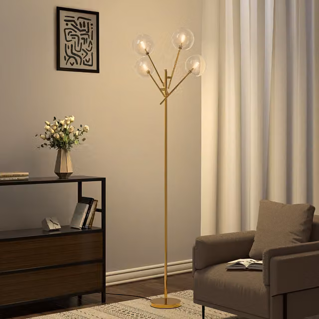 Livingandhome 4 Light Tree Floor Lamp in Gold and Brass with Transparent Glass Spheres