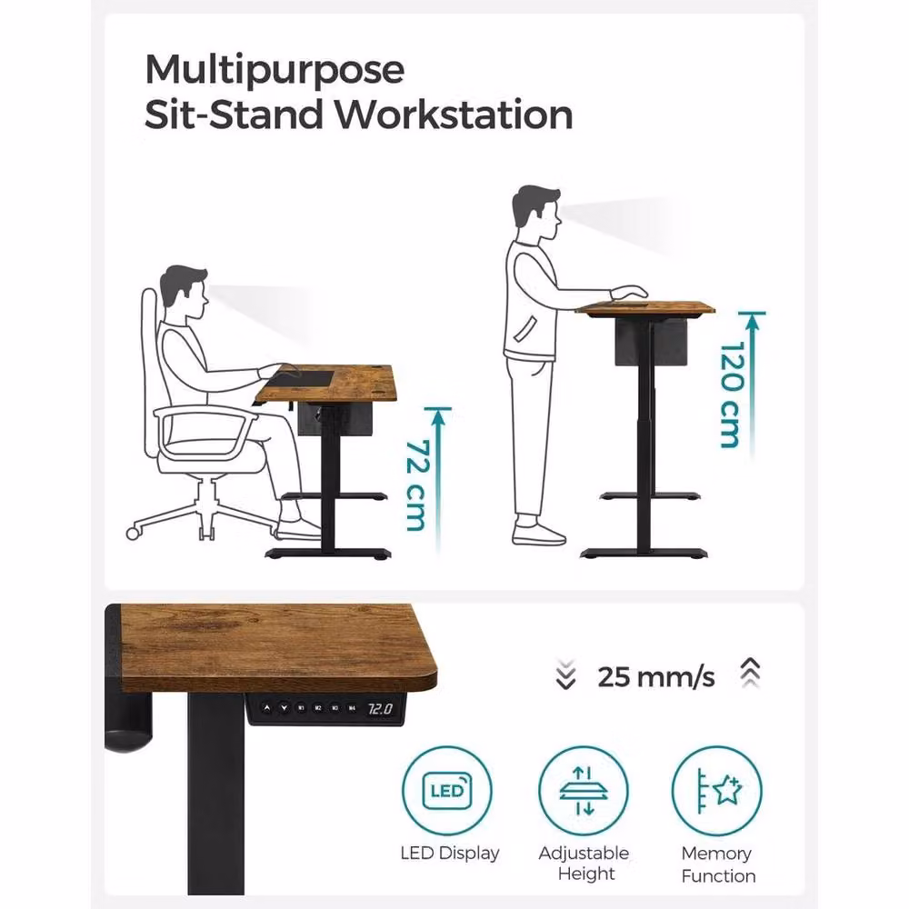 KORVIXA Height Adjustable Electric Standing Desk in Brown with Cable Tray – 3