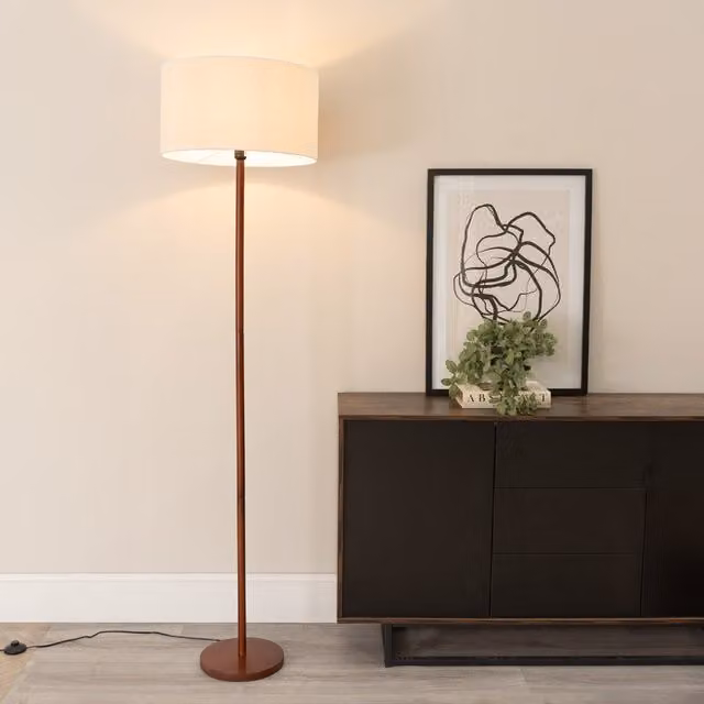 ValueLights Heather Dark Wood Floor Lamp with White Fabric Drum Shade