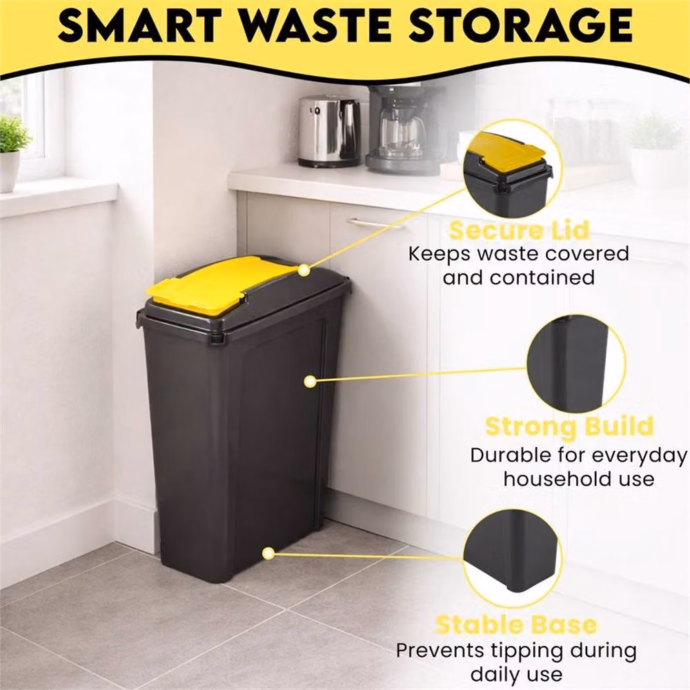 PAWNORA 25L Plastic Bin with Yellow Flip Lid in Black – 3