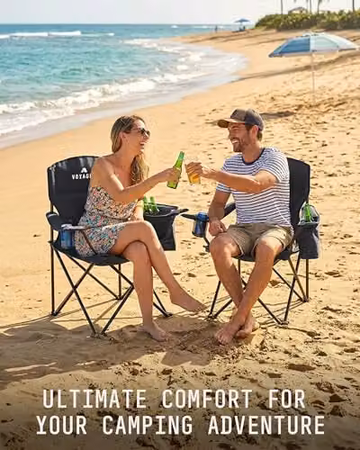 Voyager 2 Pack Folding Camping Chairs with Cooler Bag in Black – 7